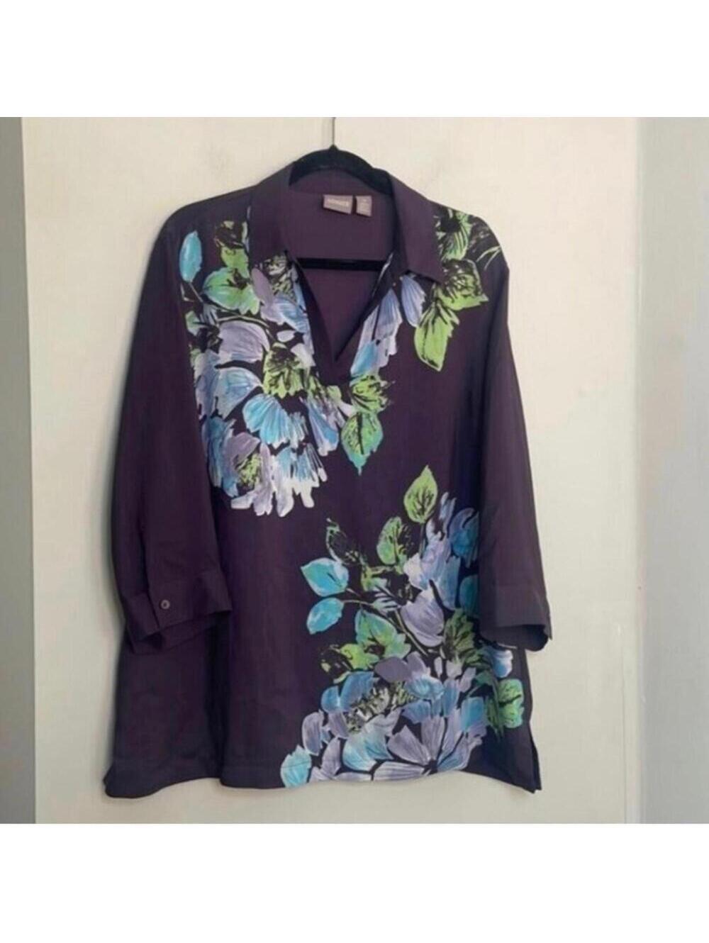 Chicos, V-neck floral semi sheer blouse, Career office top shirt casual